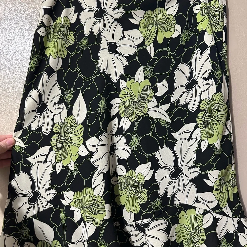 Worthington Black and Green Floral A-Line Skirt with Ruffle Edges